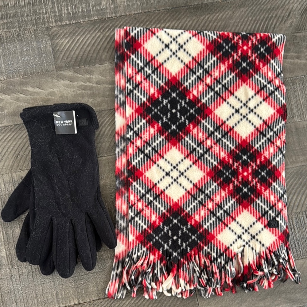 (2 for $10) New York & Company Red and Black Plaid Scarf with Black Gloves